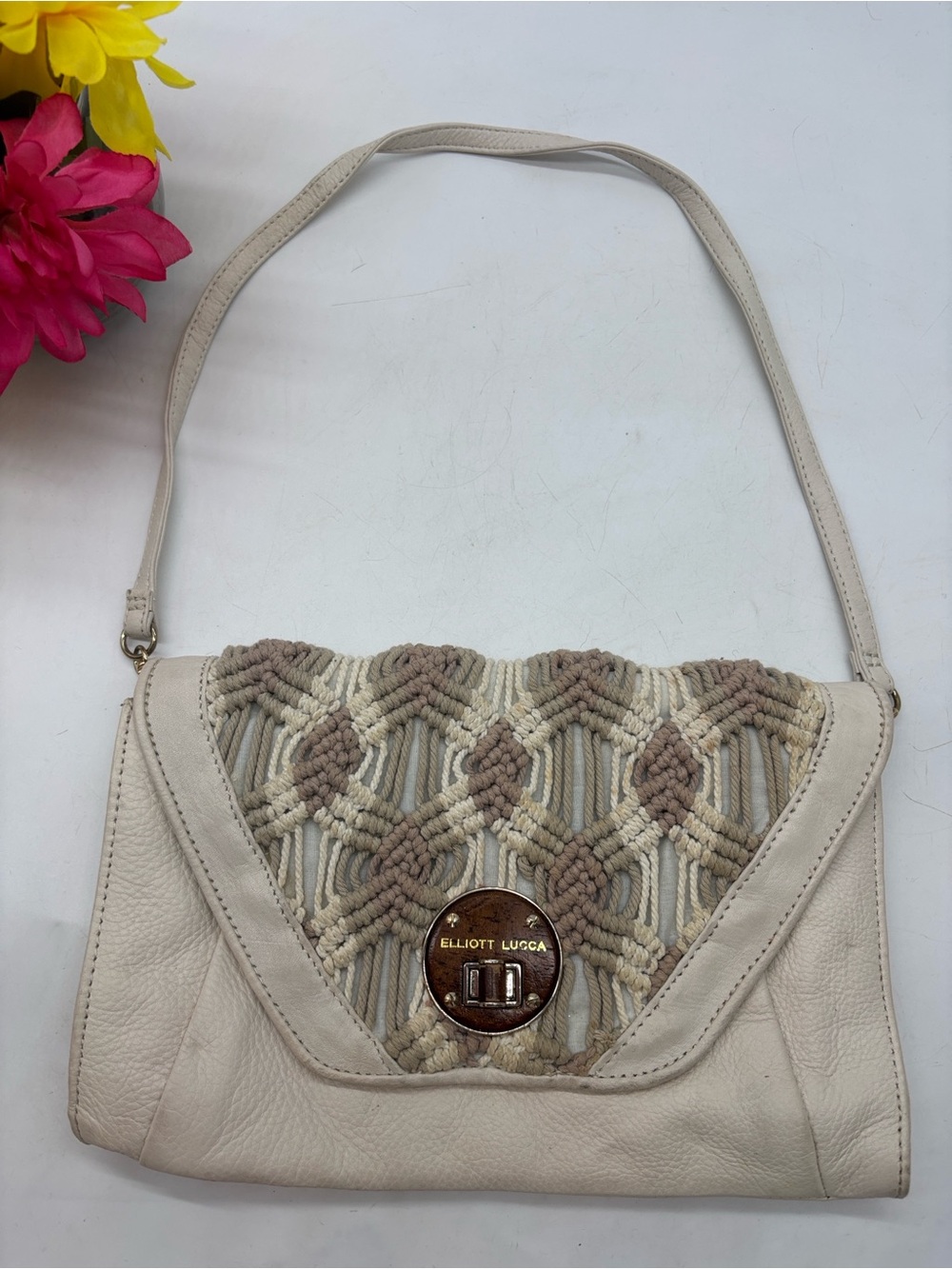 Elliott Lucca Macramae Off White Leather Shoulder Bag